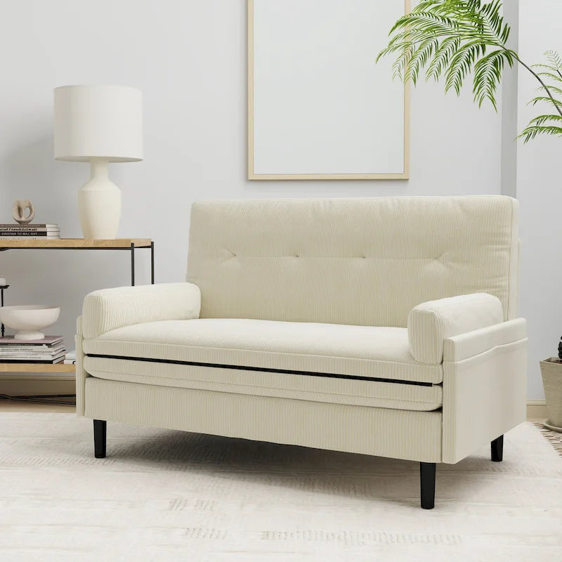 Causeuse multifonctionnelle en velours côtelé ivoire, fauteuil convertible, lit