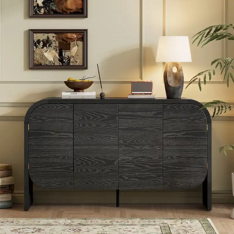 Buffet en bois avec bords incurvés et étagères réglables