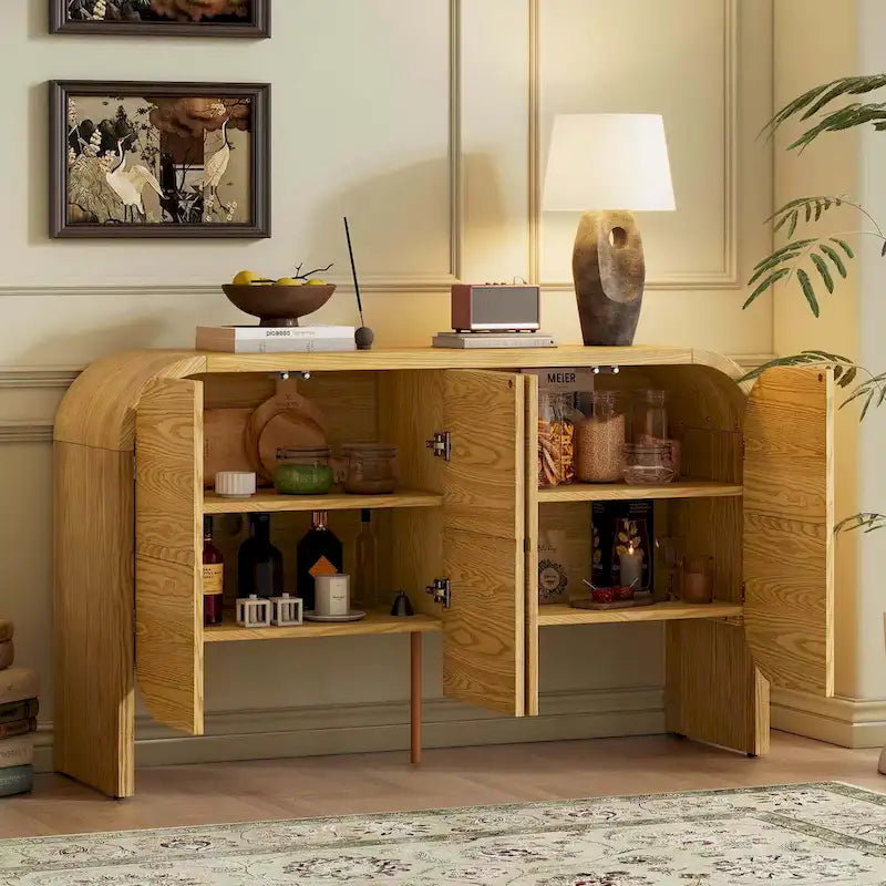 Buffet en bois avec bords incurvés et étagères réglables