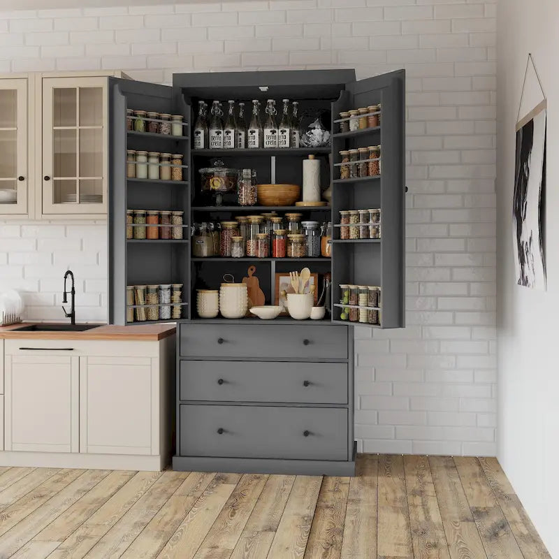Meuble de cuisine avec 8 portes et étagères, meuble de rangement en bois avec 3 tiroirs de rangement, placard avec étagères réglables