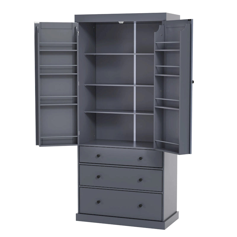 Meuble de cuisine avec 8 portes et étagères, meuble de rangement en bois avec 3 tiroirs de rangement, placard avec étagères réglables
