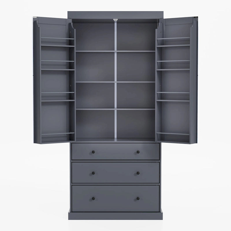 Meuble de cuisine avec 8 portes et étagères, meuble de rangement en bois avec 3 tiroirs de rangement, placard avec étagères réglables