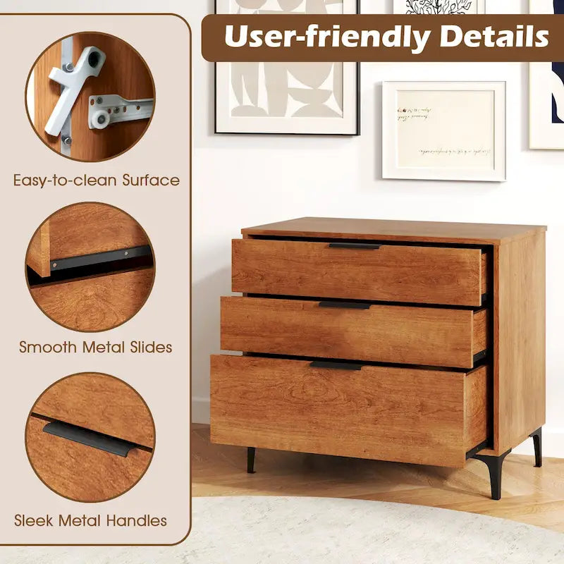 Commode à 3 tiroirs avec pieds de support en métal et kit anti-basculement pour