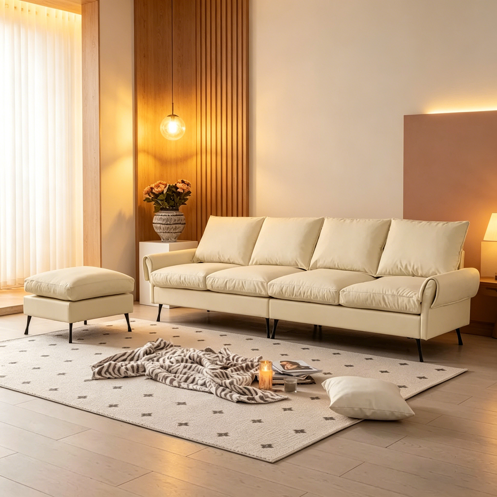 104,5 Canapé d'angle technique moderne en cuir avec pouf
