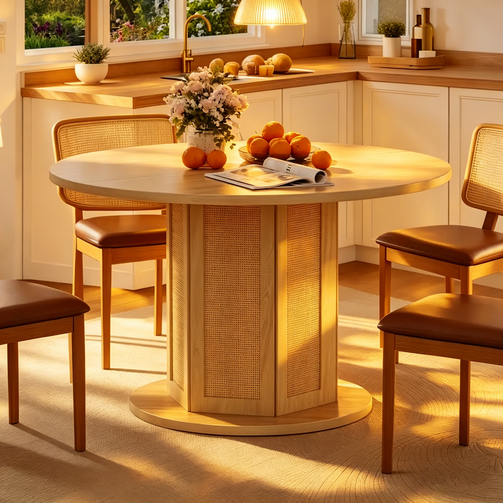 Table de salle à manger à piètement rond, style ferme