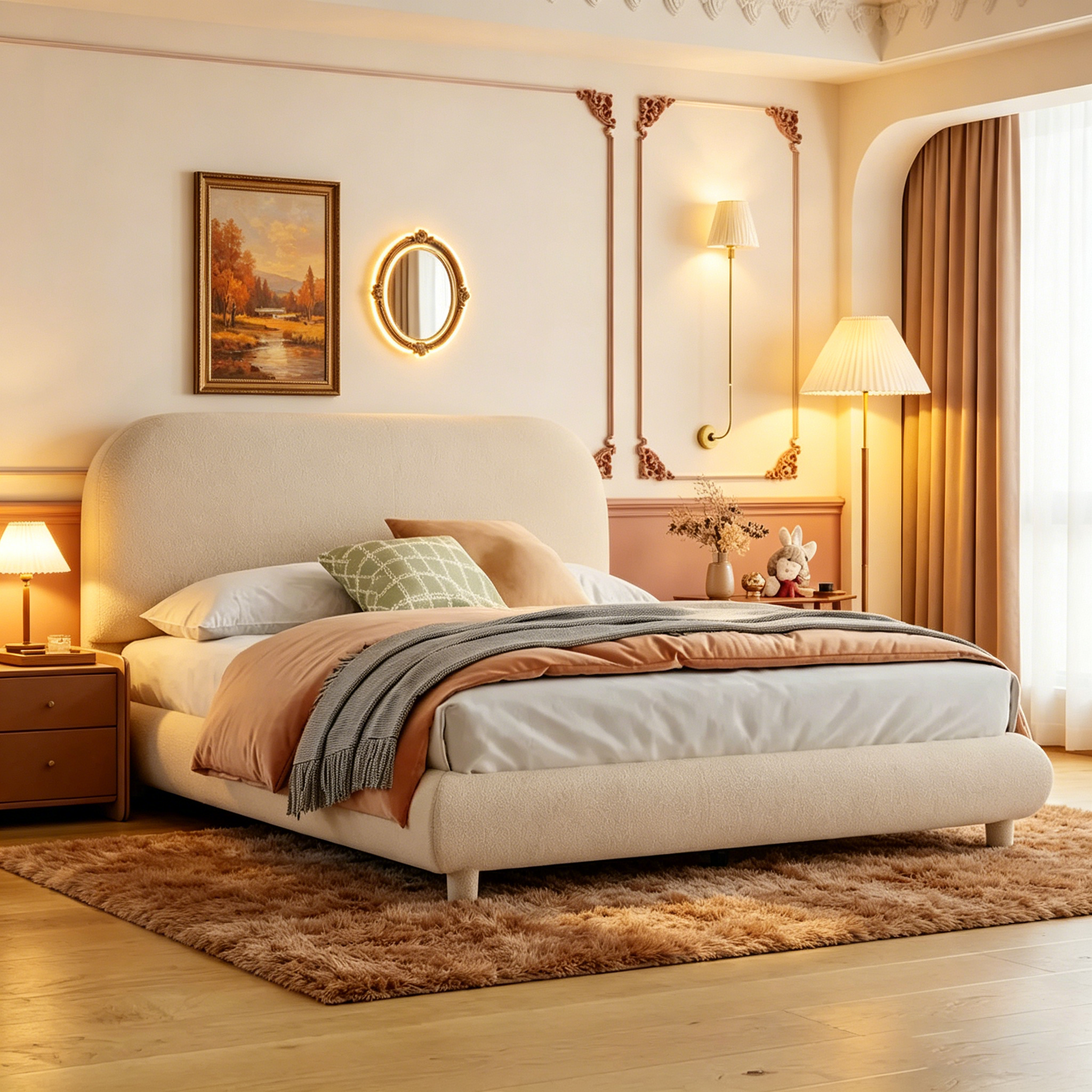 Lit plate-forme capitonné taille double en tissu épais molletonné