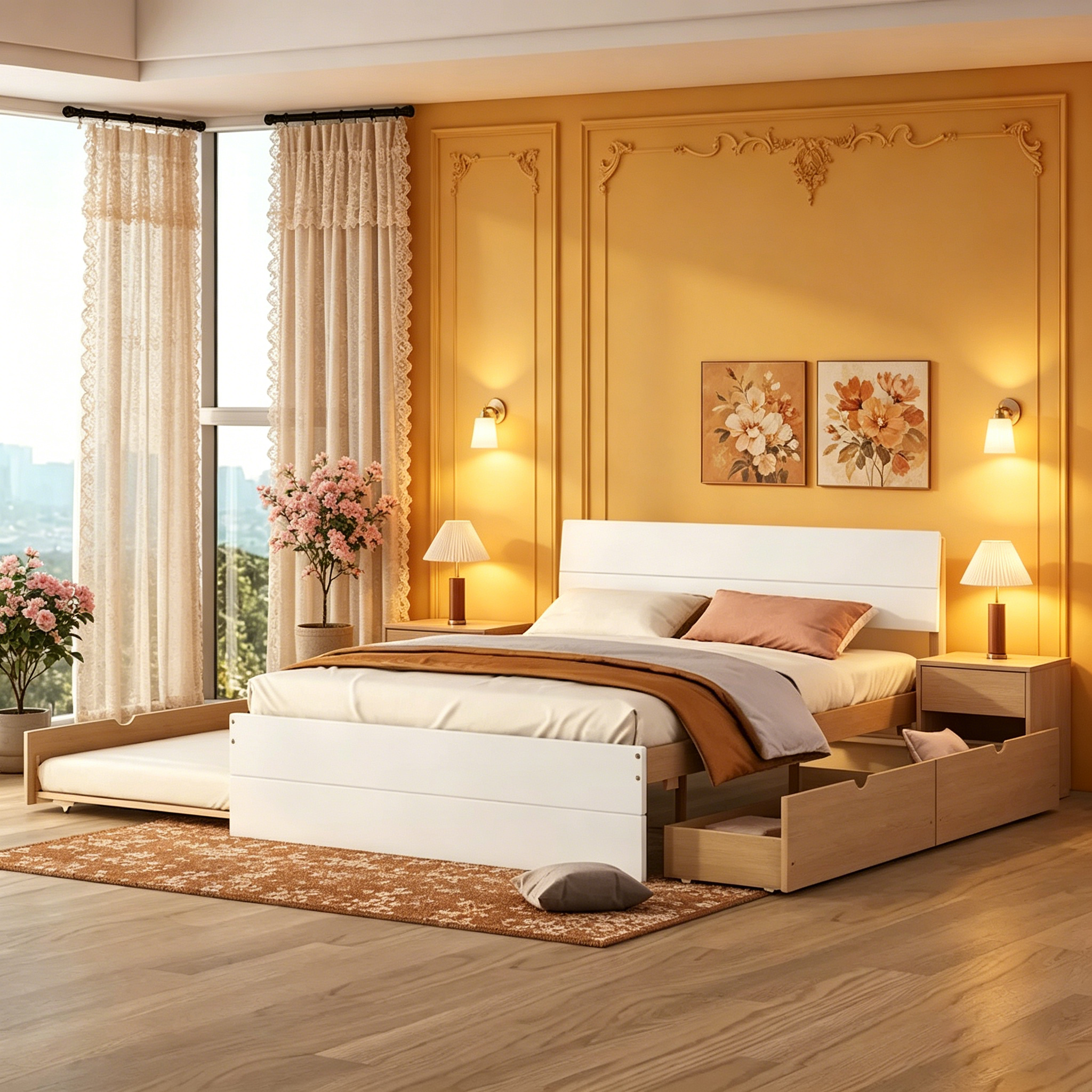 Cadre de lit double avec lit gigogne simple et 2 tiroirs
