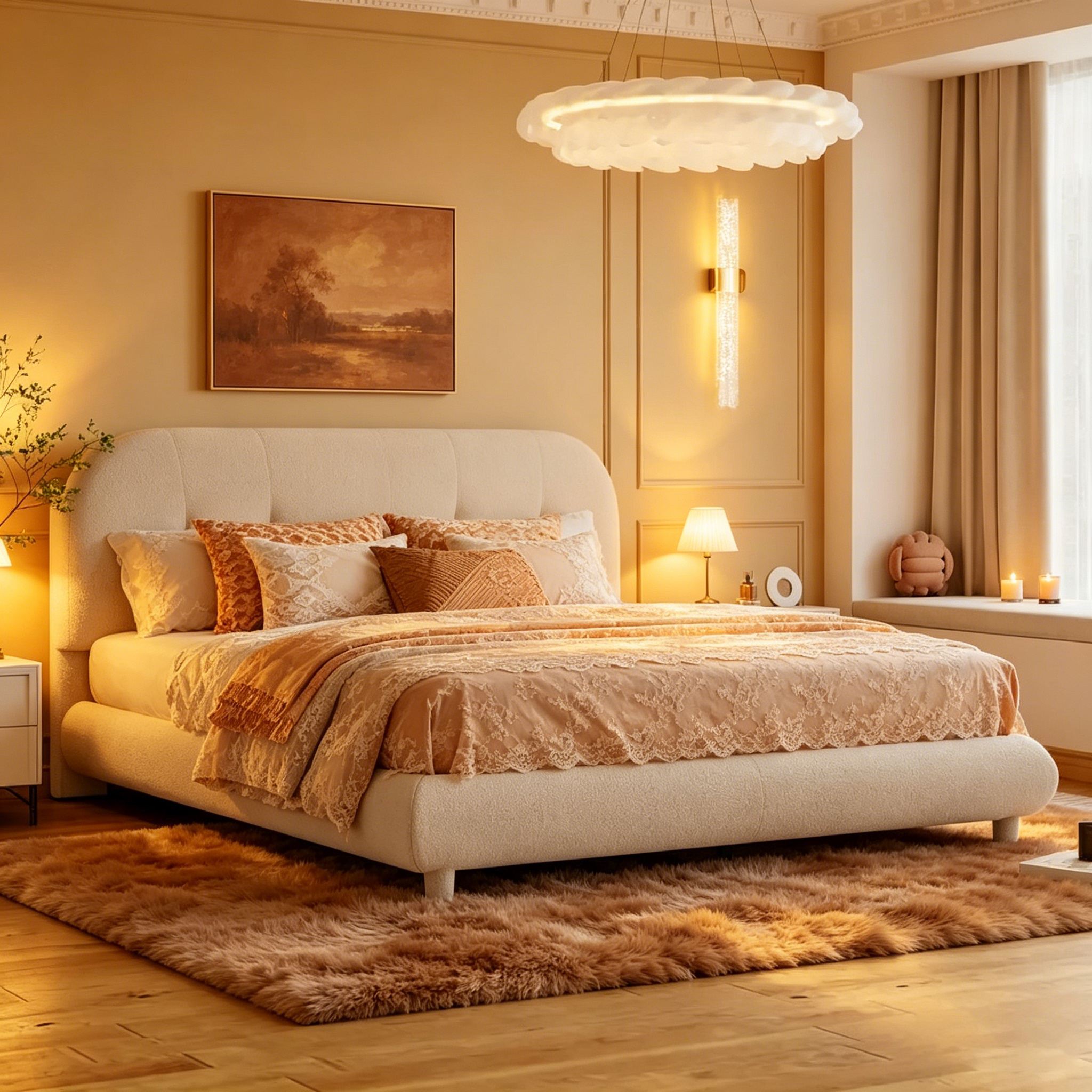 Lit plateforme rembourré queen size en molleton Teddy avec tissu épais