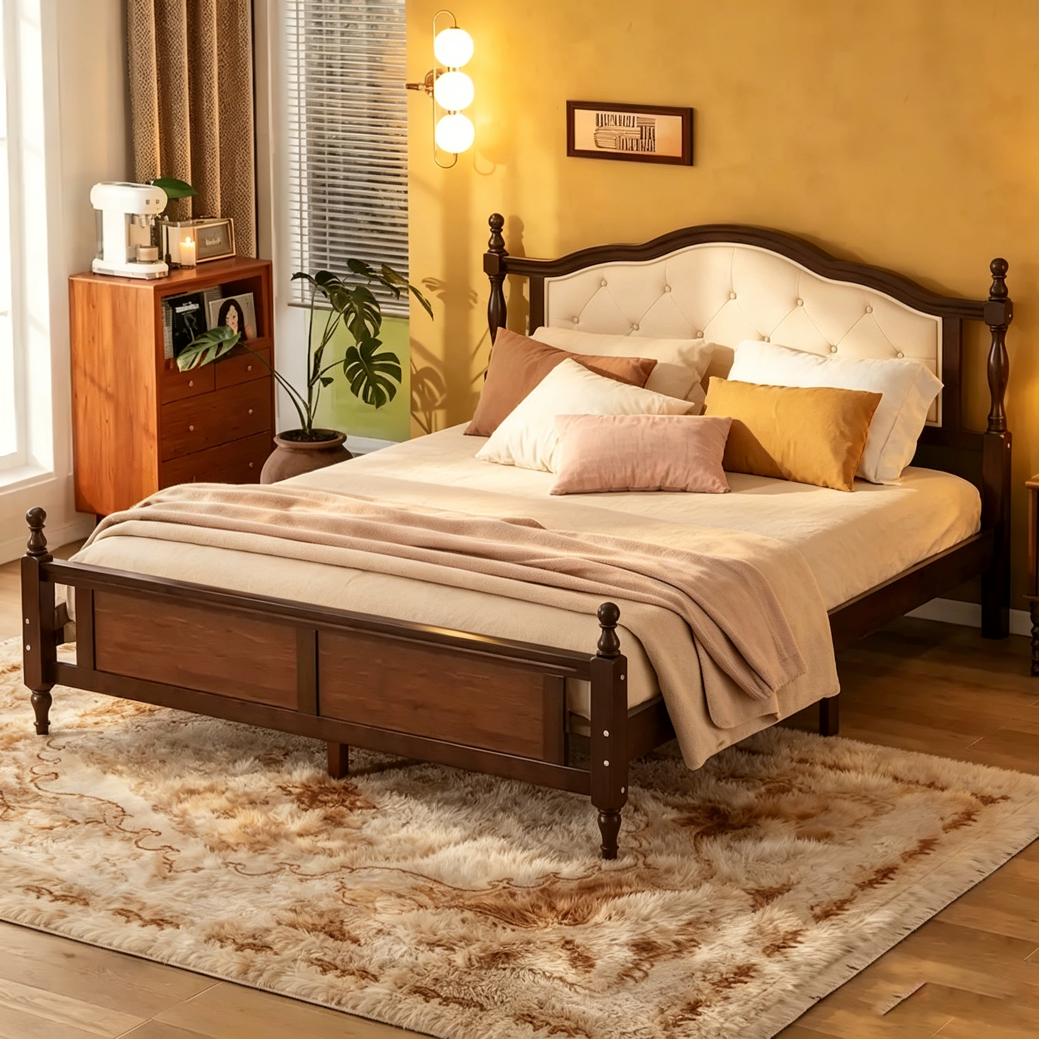 Lit Queen en bois de pin avec tête de lit capitonnée et pied de lit à panneaux, rangement dissimulé, noyer