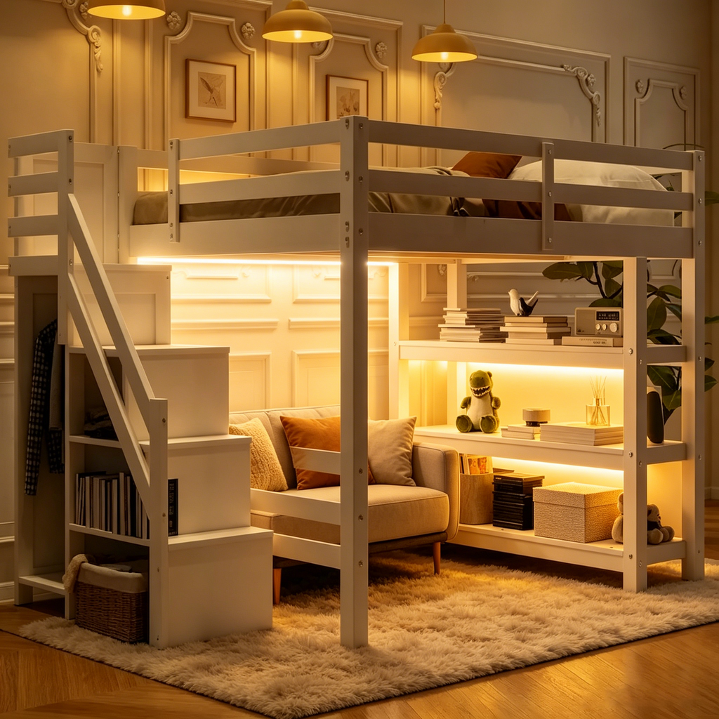 Lit mezzanine simple/double avec escalier de rangement - Étagères, armoire et lumière LED, design peu encombrant