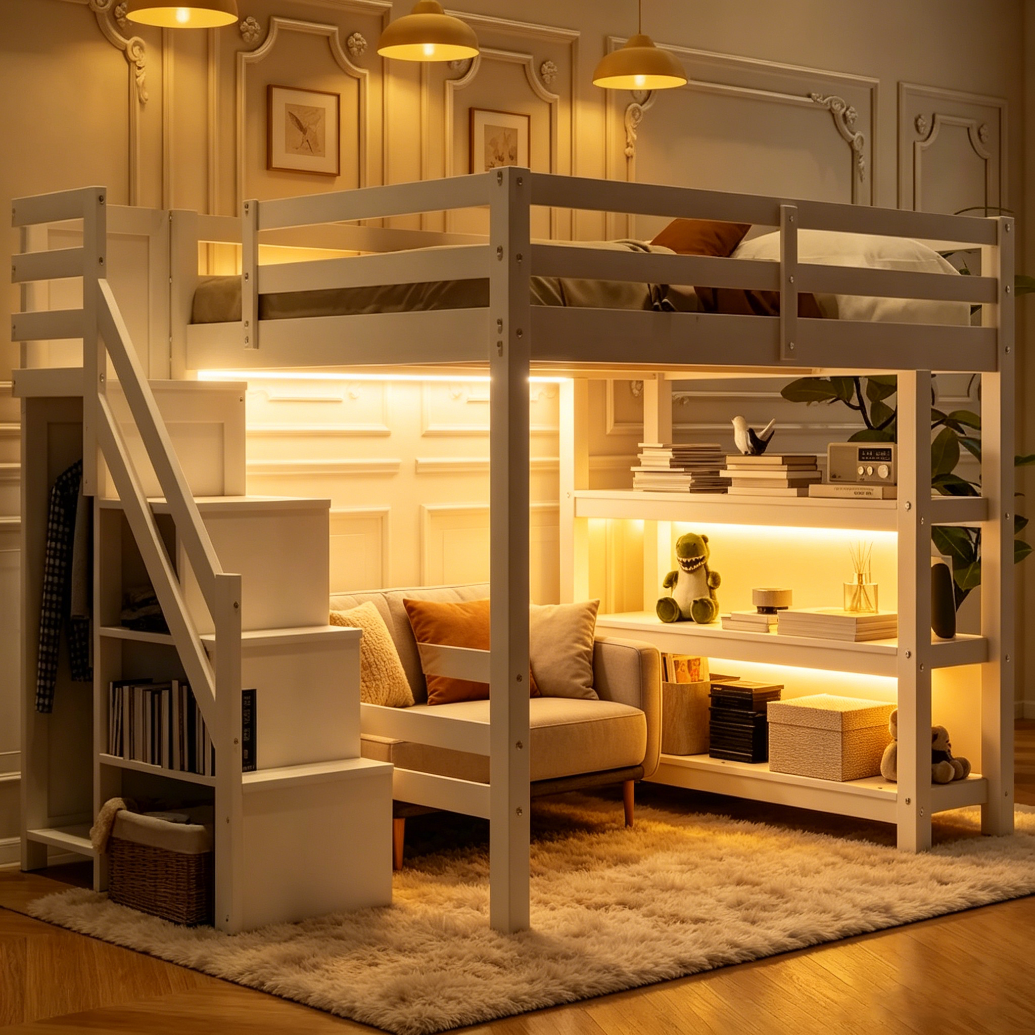 Lit mezzanine simple/double avec escalier de rangement - Étagères, armoire et lumière LED, design peu encombrant