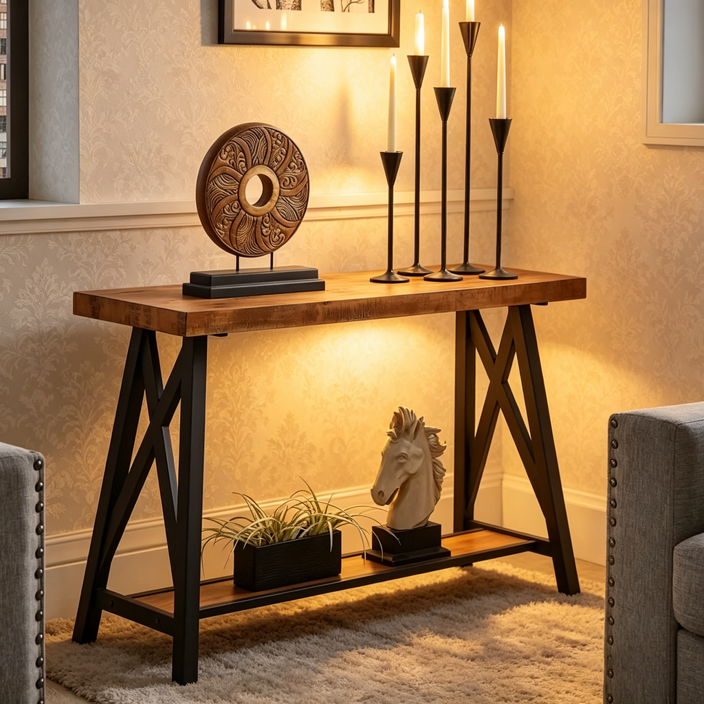 Canapé rustique et console d'entrée avec piètement en X