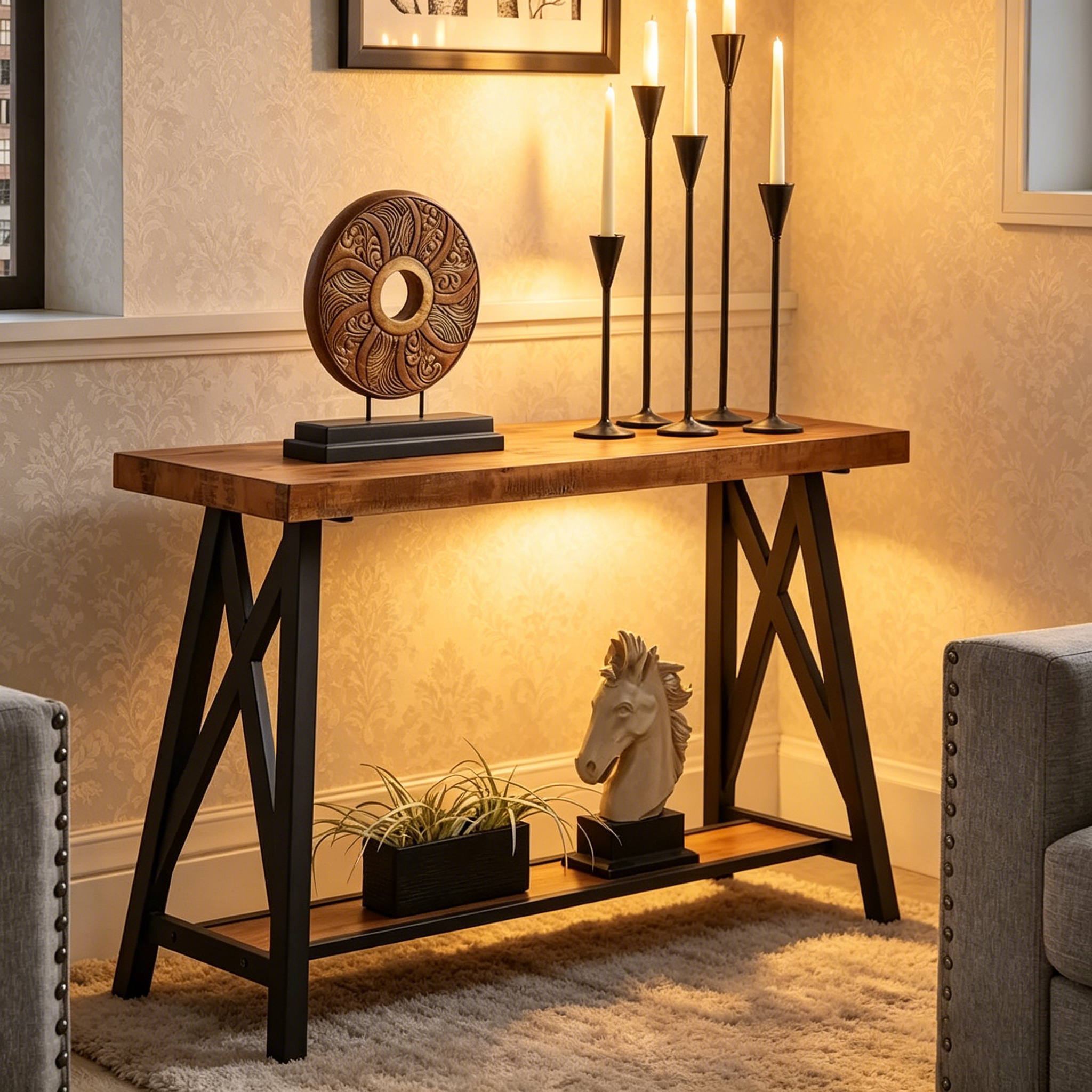 Canapé rustique et console d'entrée avec piètement en X