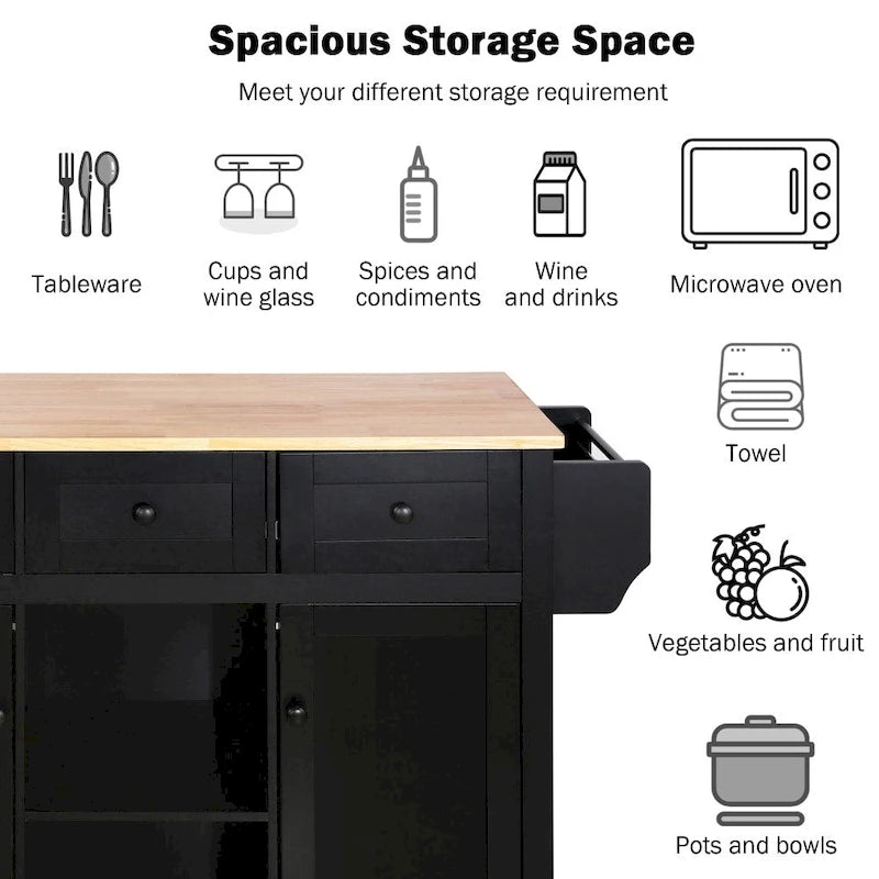 Îlot de cuisine sur 5 roulettes avec meuble de rangement et 3 tiroirs
