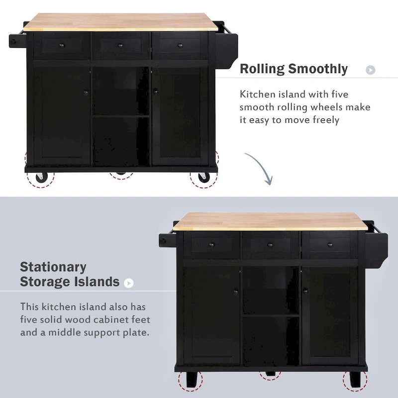 Îlot de cuisine sur 5 roulettes avec meuble de rangement et 3 tiroirs