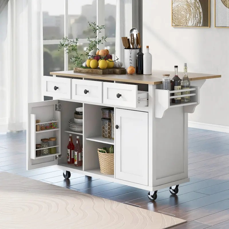 Îlot de cuisine sur 5 roulettes avec meuble de rangement et 3 tiroirs