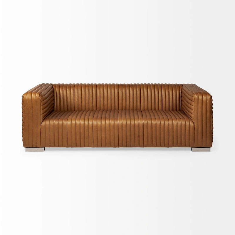 Canapé revêtu de cuir véritable couleur Cognac - 220L x 98l x 67H cm