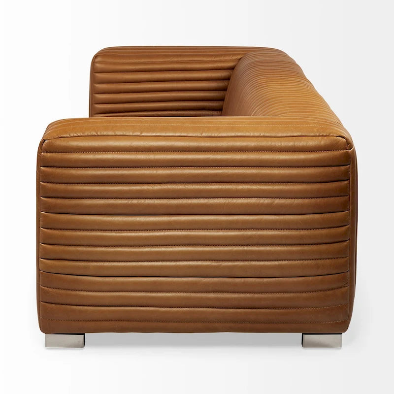Canapé revêtu de cuir véritable couleur Cognac - 220L x 98l x 67H cm