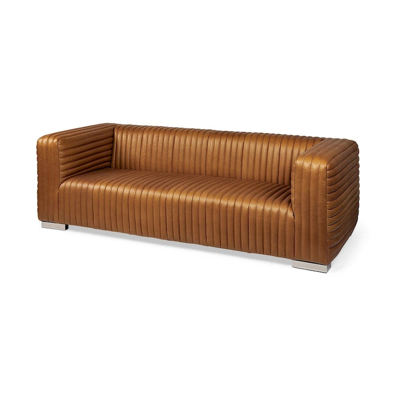 Canapé revêtu de cuir véritable couleur Cognac - 220L x 98l x 67H cm