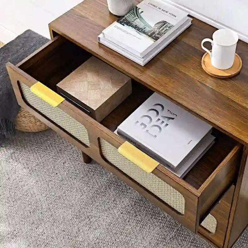Commode 3 tiroirs en rotin, style bohème moderne du milieu du siècle, avec cadre en MDF et pieds en bois massif, commode