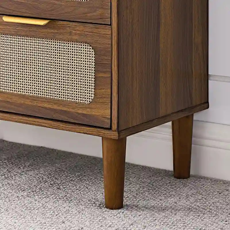 Commode 3 tiroirs en rotin, style bohème moderne du milieu du siècle, avec cadre en MDF et pieds en bois massif, commode
