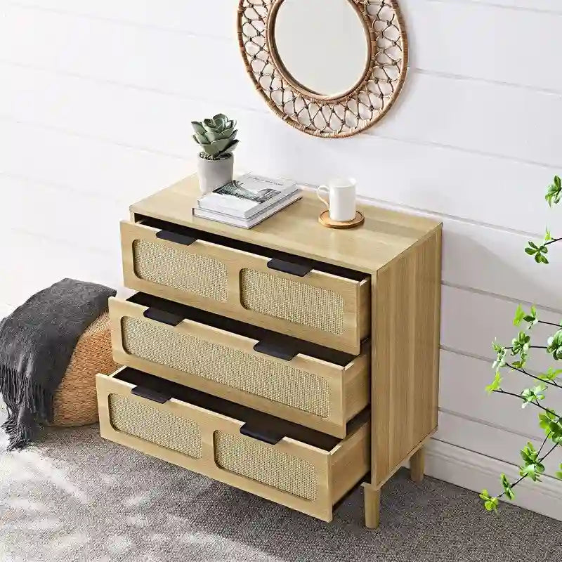Commode 3 tiroirs en rotin, style bohème moderne du milieu du siècle, avec cadre en MDF et pieds en bois massif, commode