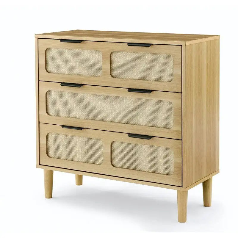Commode 3 tiroirs en rotin, style bohème moderne du milieu du siècle, avec cadre en MDF et pieds en bois massif, commode