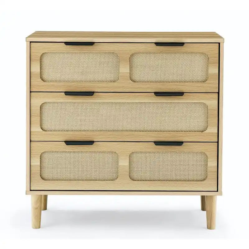 Commode 3 tiroirs en rotin, style bohème moderne du milieu du siècle, avec cadre en MDF et pieds en bois massif, commode