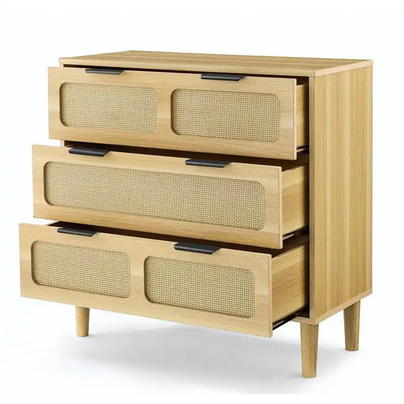 Commode 3 tiroirs en rotin, style bohème moderne du milieu du siècle, avec cadre en MDF et pieds en bois massif, commode