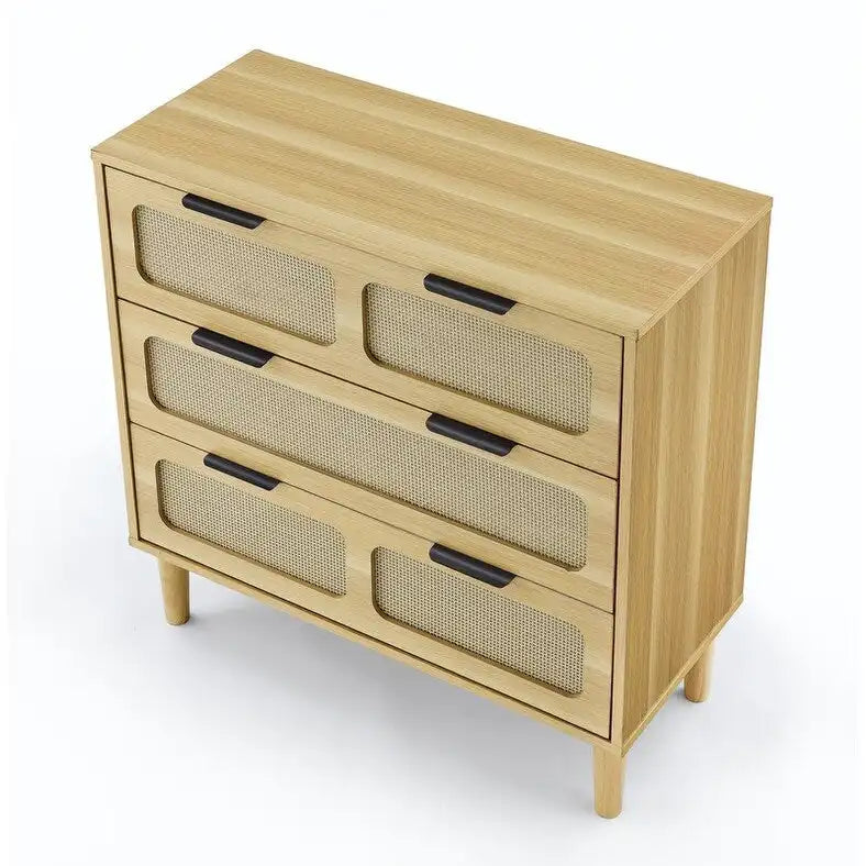 Commode 3 tiroirs en rotin, style bohème moderne du milieu du siècle, avec cadre en MDF et pieds en bois massif, commode