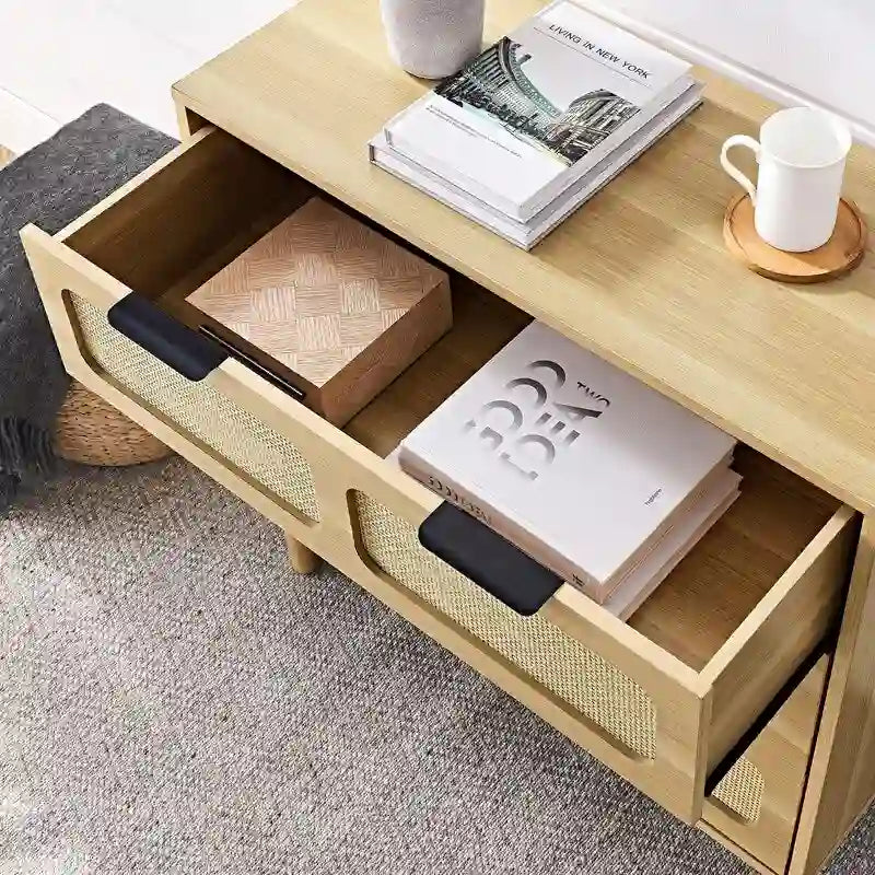 Commode 3 tiroirs en rotin, style bohème moderne du milieu du siècle, avec cadre en MDF et pieds en bois massif, commode