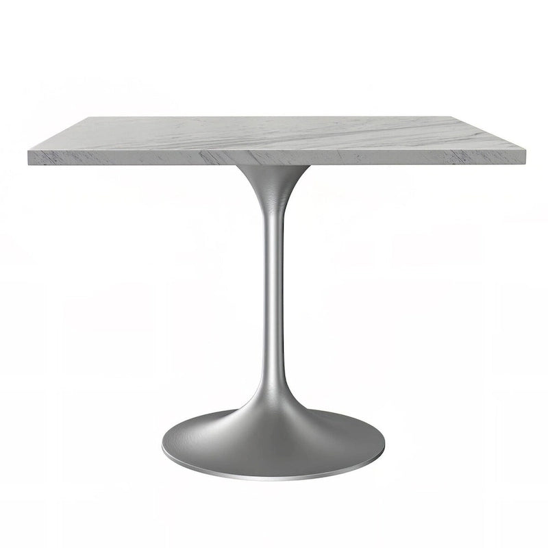 Table à manger carrée avec plateau en résine à motif marbre blanc.