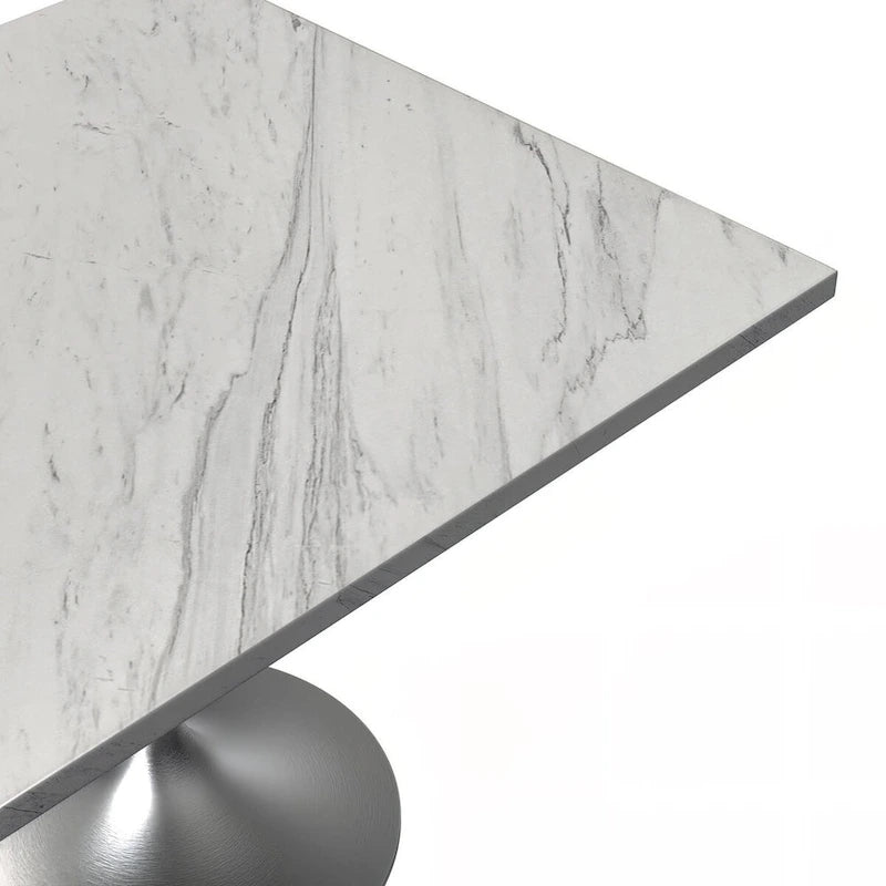 Table à manger carrée avec plateau en résine à motif marbre blanc.