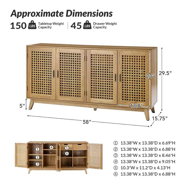 Buffet moderne de 58 pouces de large (Pieds en bois massif)