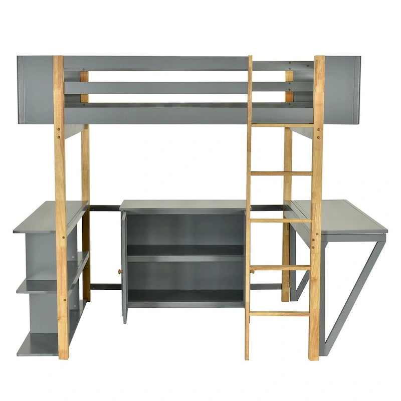 Lit mezzanine en bois — Armoires encastrées, étagères et bureau rabattable