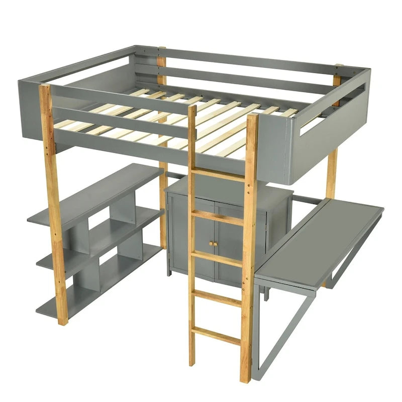 Lit mezzanine en bois — Armoires encastrées, étagères et bureau rabattable