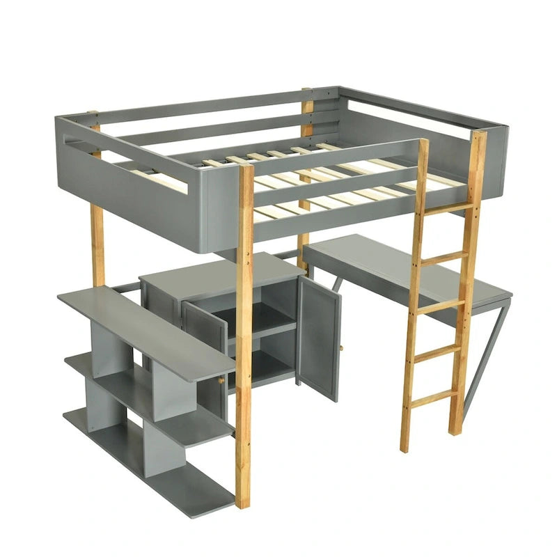 Lit mezzanine en bois — Armoires encastrées, étagères et bureau rabattable