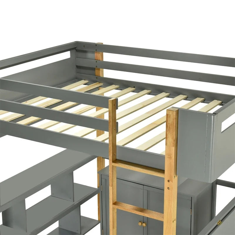 Lit mezzanine en bois — Armoires encastrées, étagères et bureau rabattable