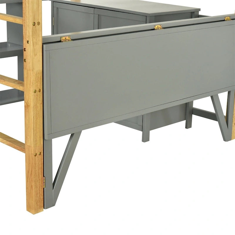 Lit mezzanine en bois — Armoires encastrées, étagères et bureau rabattable
