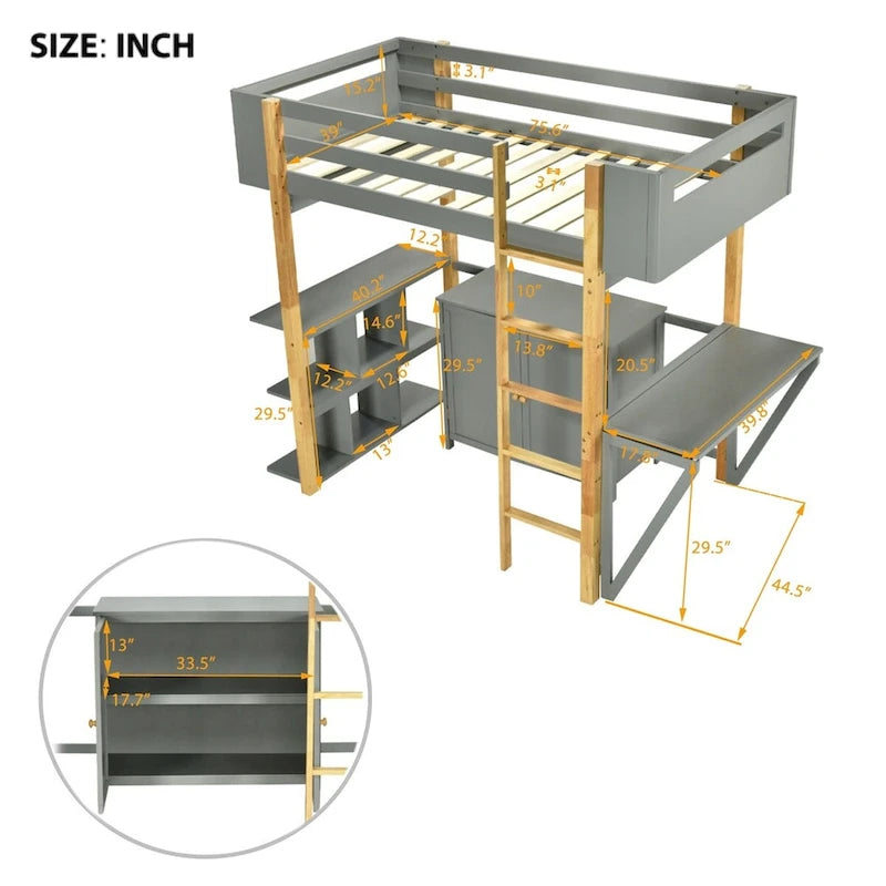 Lit mezzanine en bois — Armoires encastrées, étagères et bureau rabattable