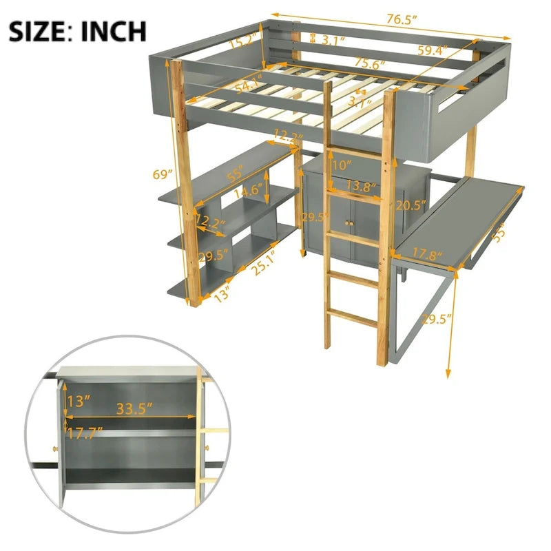 Lit mezzanine en bois — Armoires encastrées, étagères et bureau rabattable