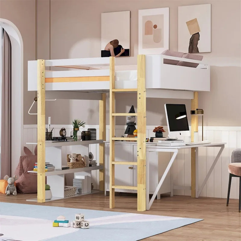 Lit mezzanine en bois — Armoires encastrées, étagères et bureau rabattable