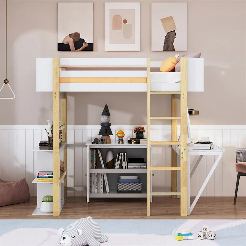 Lit mezzanine en bois — Armoires encastrées, étagères et bureau rabattable