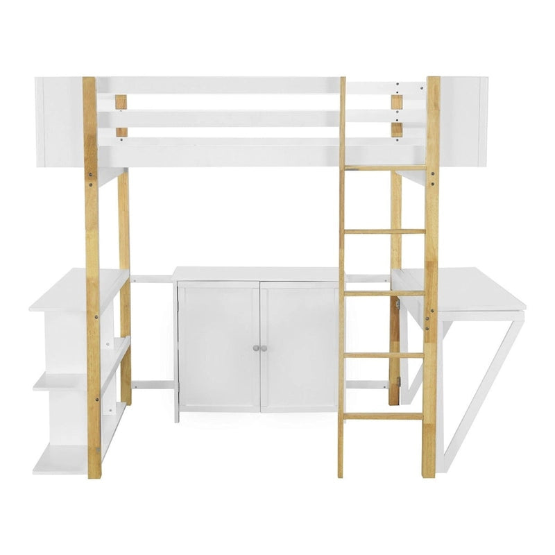 Lit mezzanine en bois — Armoires encastrées, étagères et bureau rabattable