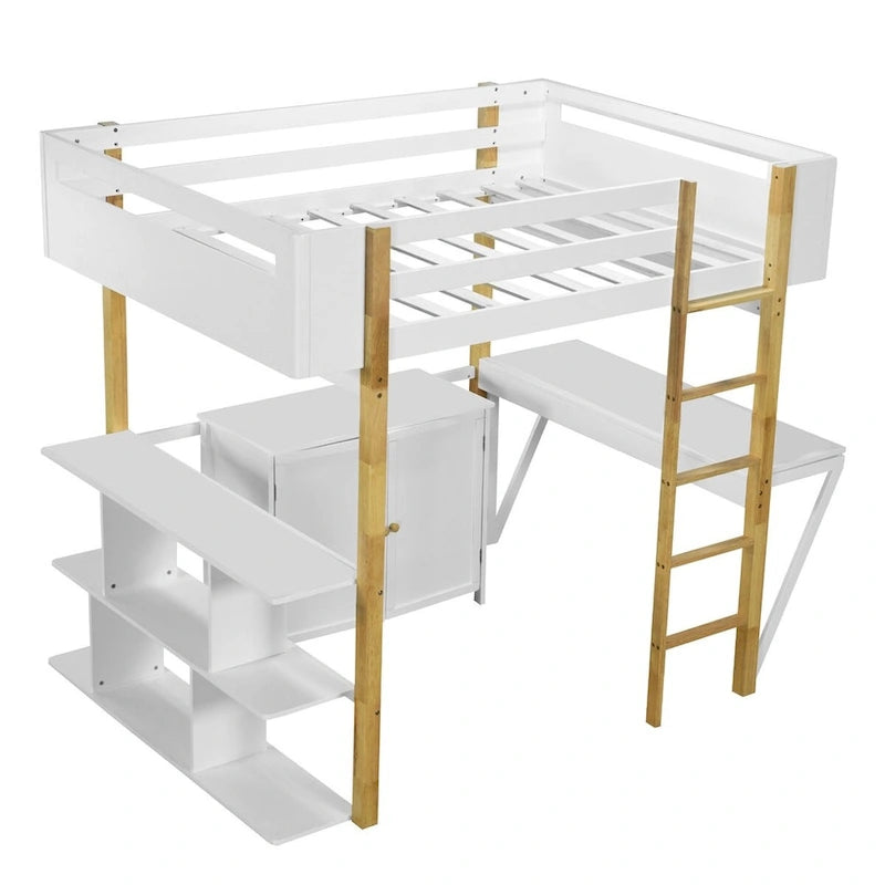 Lit mezzanine en bois — Armoires encastrées, étagères et bureau rabattable