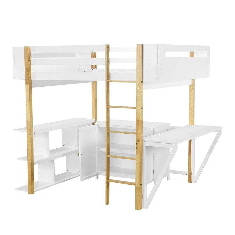Lit mezzanine en bois — Armoires encastrées, étagères et bureau rabattable
