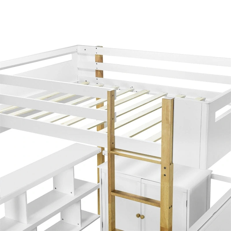 Lit mezzanine en bois — Armoires encastrées, étagères et bureau rabattable