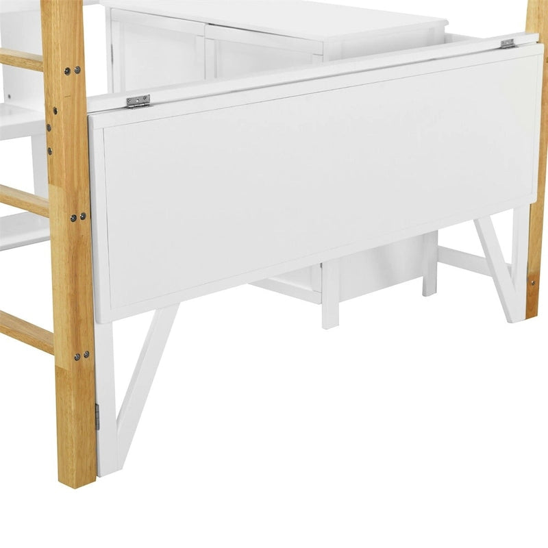 Lit mezzanine en bois — Armoires encastrées, étagères et bureau rabattable