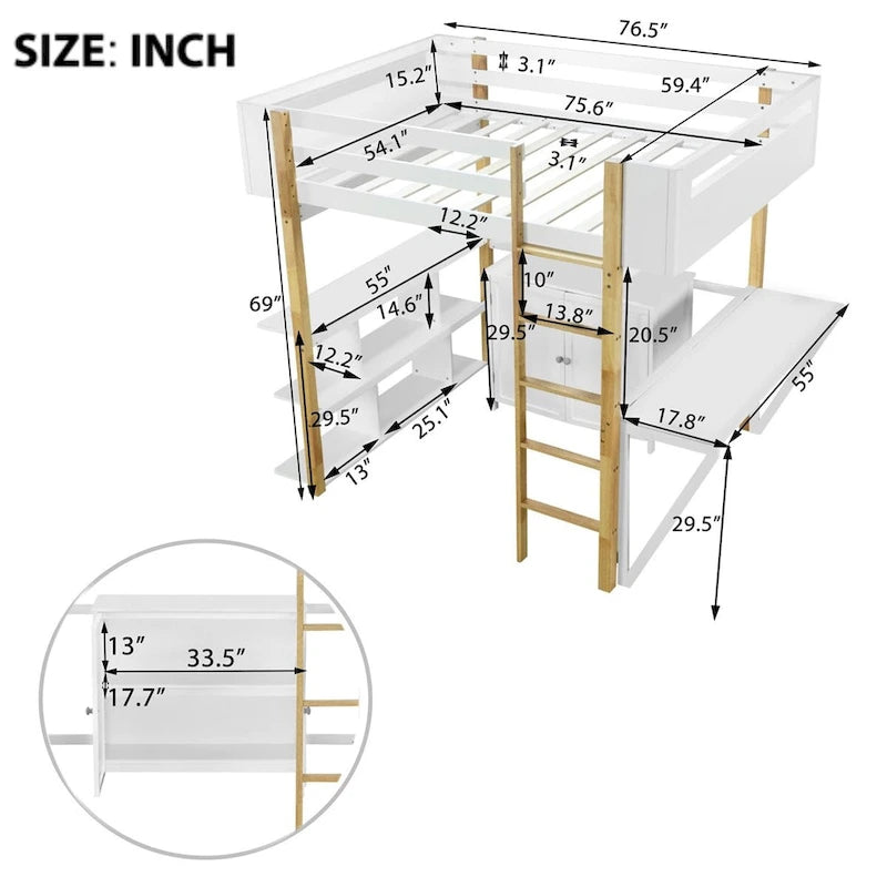 Lit mezzanine en bois — Armoires encastrées, étagères et bureau rabattable