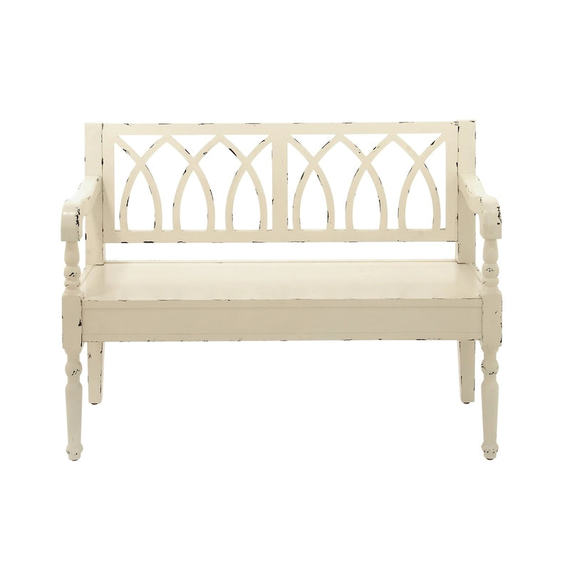 Banc en bois vieilli avec dossier arqué et pieds tournés – Noir ou blanc – Roche River Decor